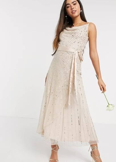 Vestido de dama de honor largo dorado rosa